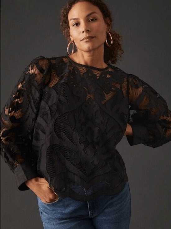 Anthropologie Tops - Anthropologie Black Lace Appliqué Sheer Blouse